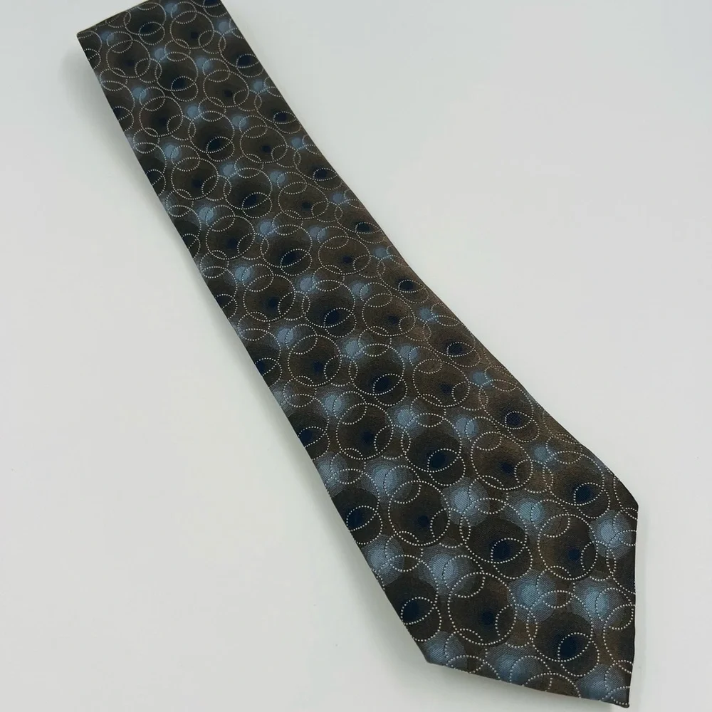 Van Heusen 100% Silk Brown and Blue Geometric Circles Tie Handmade necktie